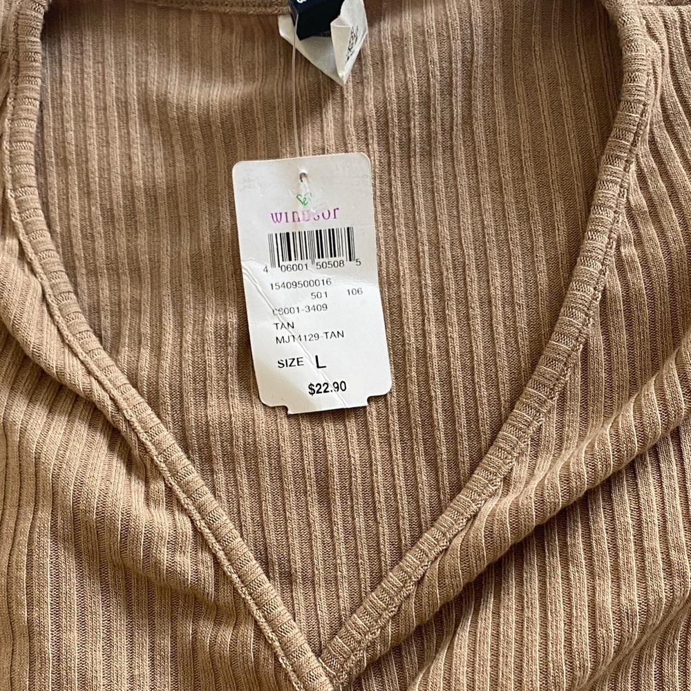 Windsor Camel Ribbed V-Neck Top with wrap around tie.